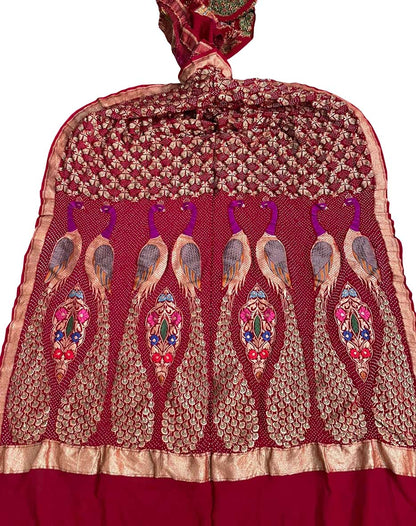 Red Banarasi Bandhani Handloom Pure Georgette Dupatta - Luxurion World