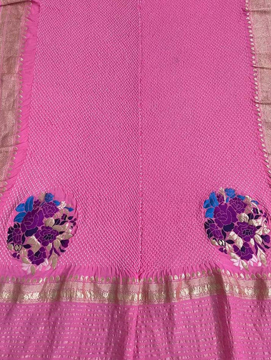 Pink Banarasi Bandhani Handloom Pure Georgette Dupatta - Luxurion World