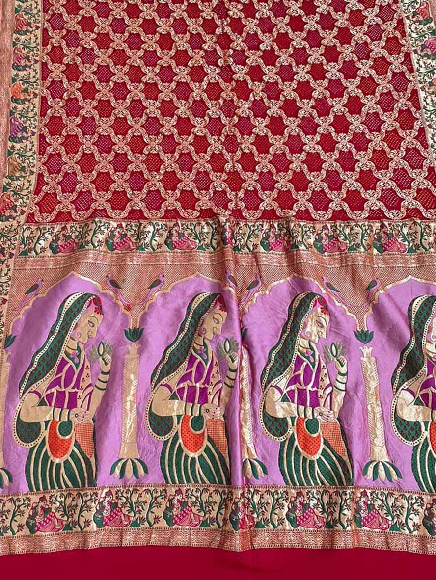 Red Banarasi Bandhani Handloom Pure Georgette Dupatta - Luxurion World