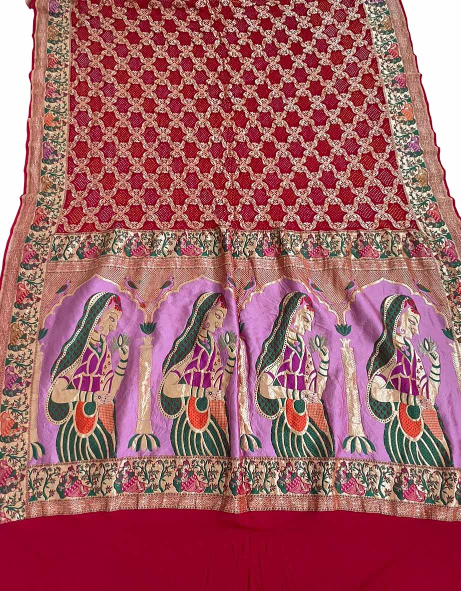 Red Banarasi Bandhani Handloom Pure Georgette Dupatta - Luxurion World