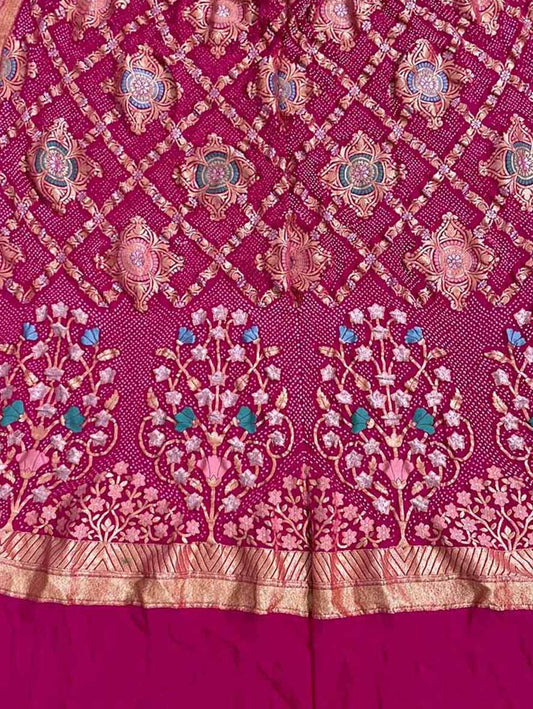 Pink Banarasi Bandhani Handloom Pure Georgette Dupatta - Luxurion World