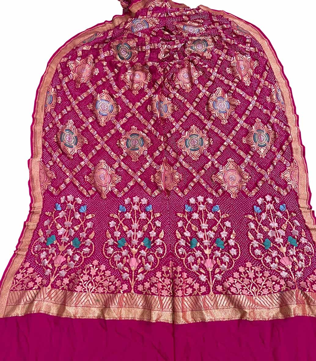 Pink Banarasi Bandhani Handloom Pure Georgette Dupatta - Luxurion World