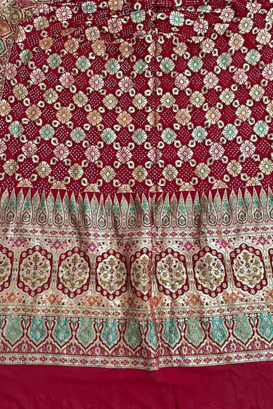 Red Banarasi Bandhani Pure Georgette Dupatta - Luxurion World