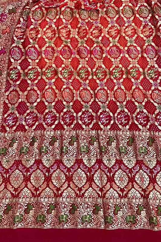 Red Banarasi Bandhani Pure Georgette Dupatta - Luxurion World