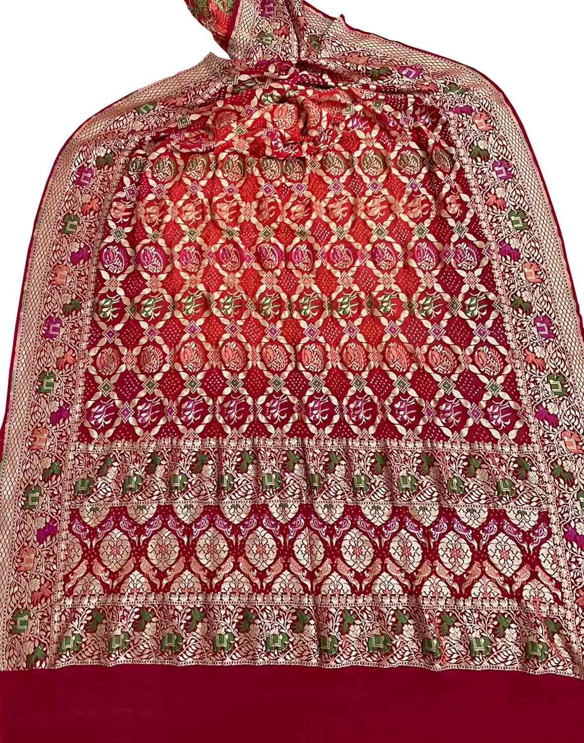 Red Banarasi Bandhani Pure Georgette Dupatta - Luxurion World