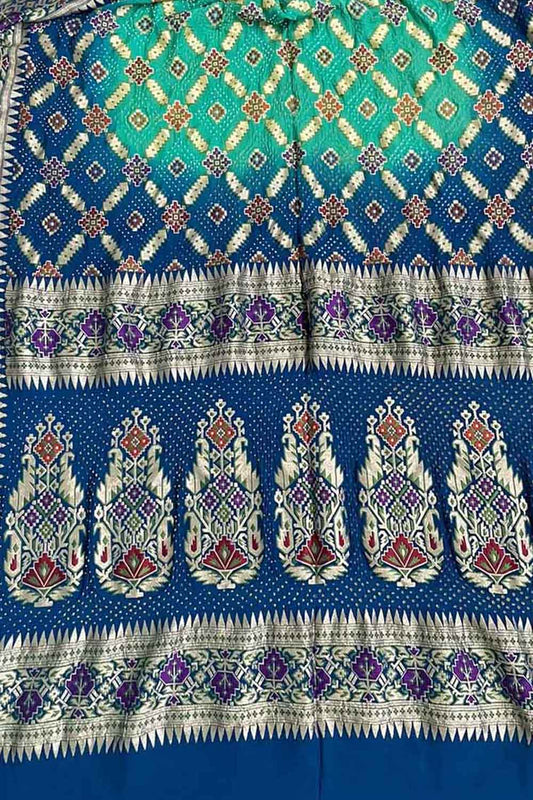 Green And Blue Banarasi Bandhani Pure Georgette Dupatta - Luxurion World