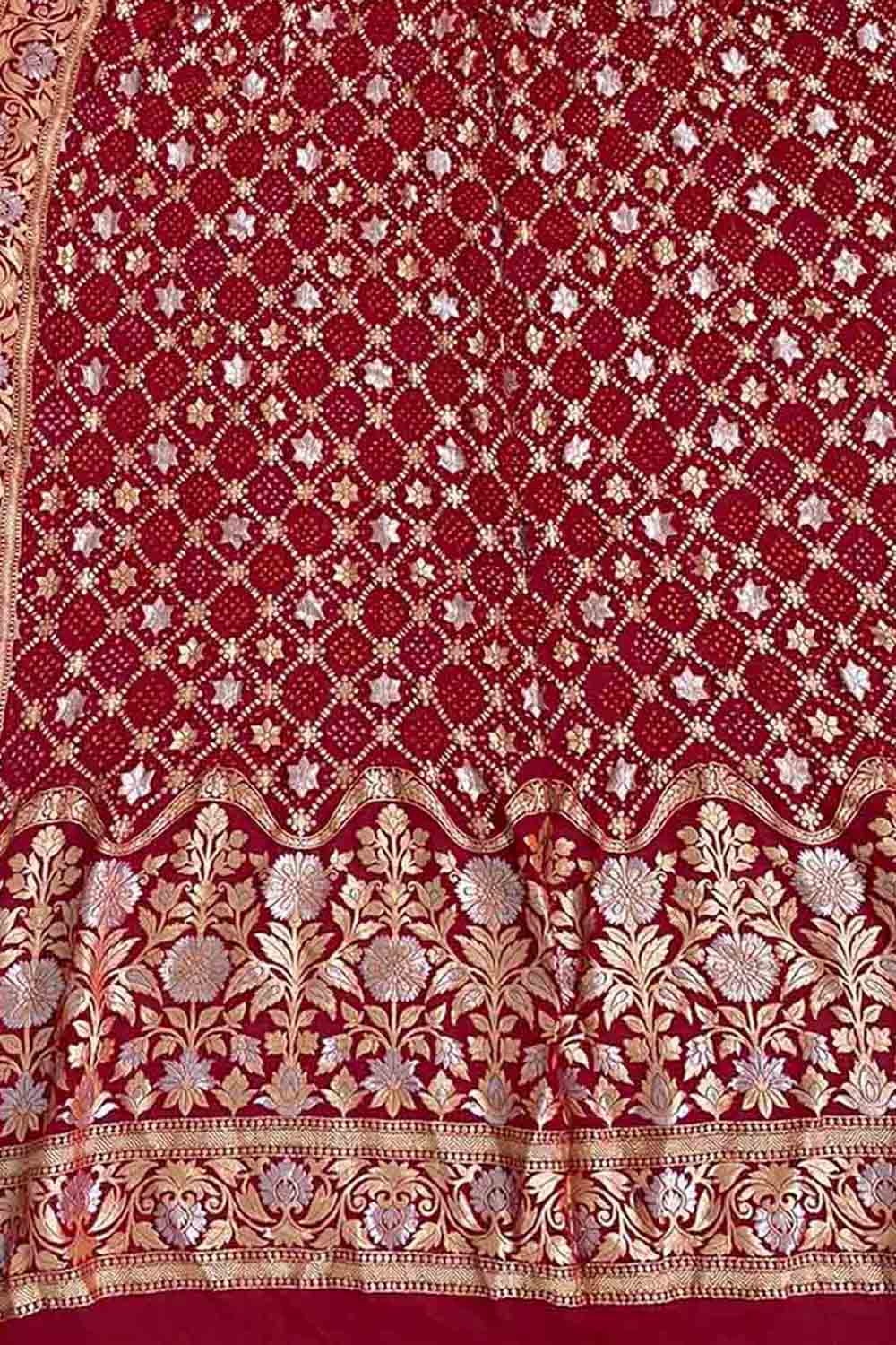 Red Banarasi Bandhani Pure Georgette Dupatta - Luxurion World