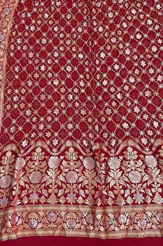 Red Banarasi Bandhani Pure Georgette Dupatta - Luxurion World