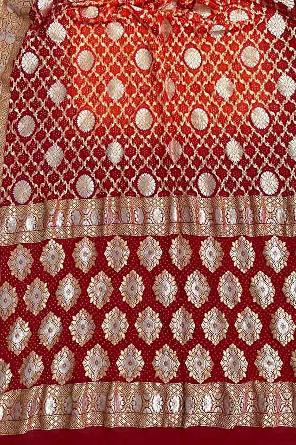 Red Banarasi Bandhani Pure Georgette Dupatta - Luxurion World