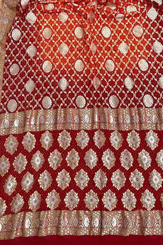 Red Banarasi Bandhani Pure Georgette Dupatta - Luxurion World