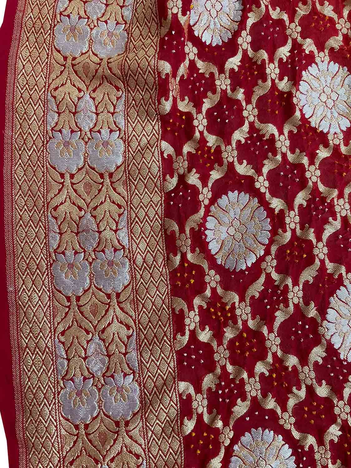 Red Banarasi Bandhani Pure Georgette Dupatta - Luxurion World