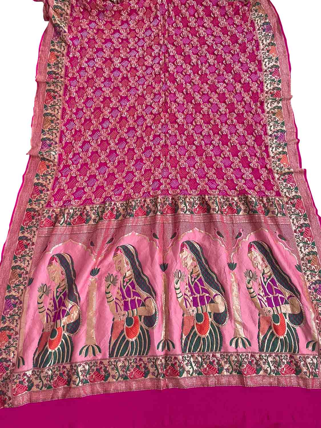 Pink Banarasi Bandhani Pure Georgette Meenakari Dupatta: Exquisite Elegance in Traditional Artistry - Luxurion World