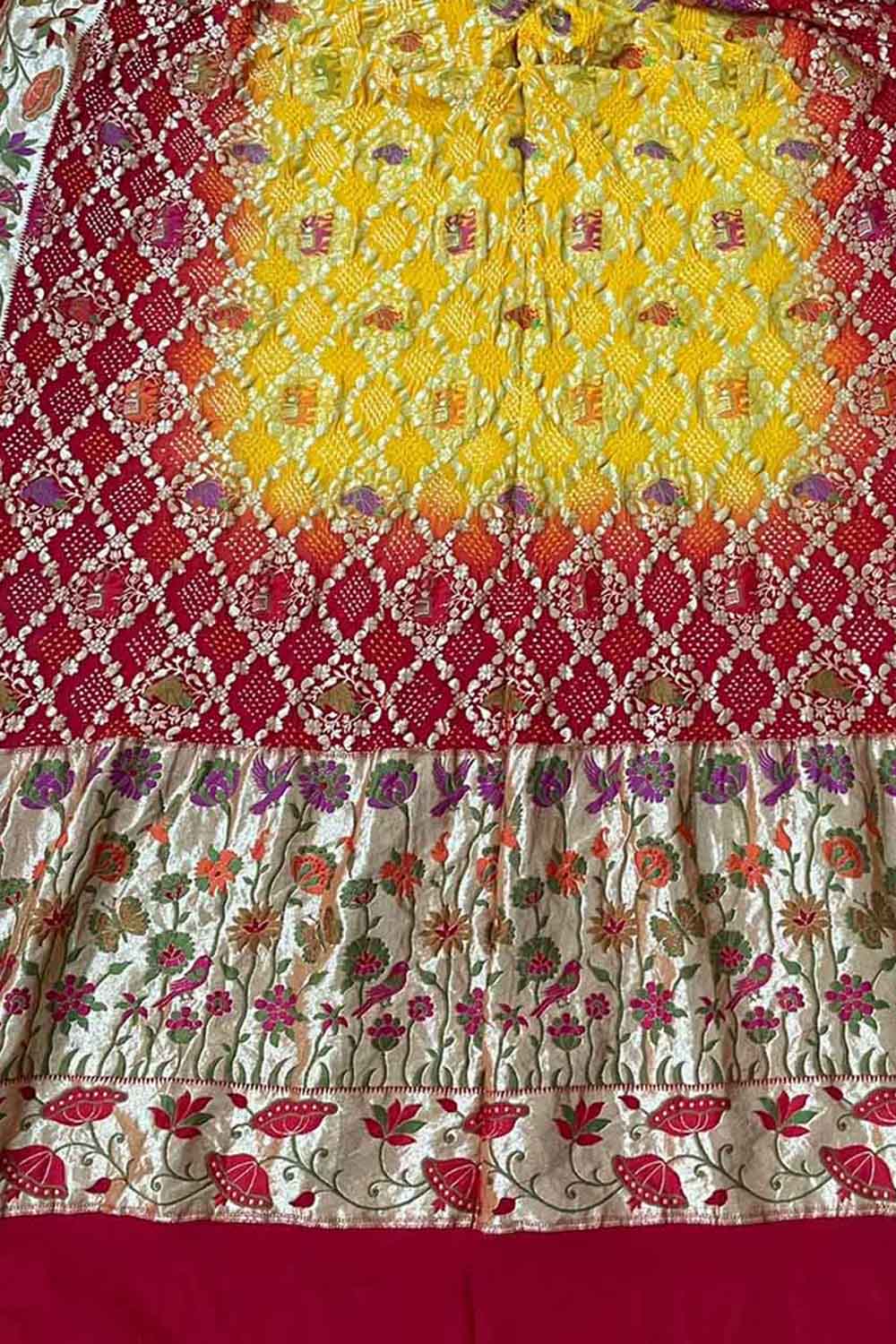 Stunning Yellow & Red Banarasi Bandhani Georgette Dupatta with Meenakari Work - Luxurion World