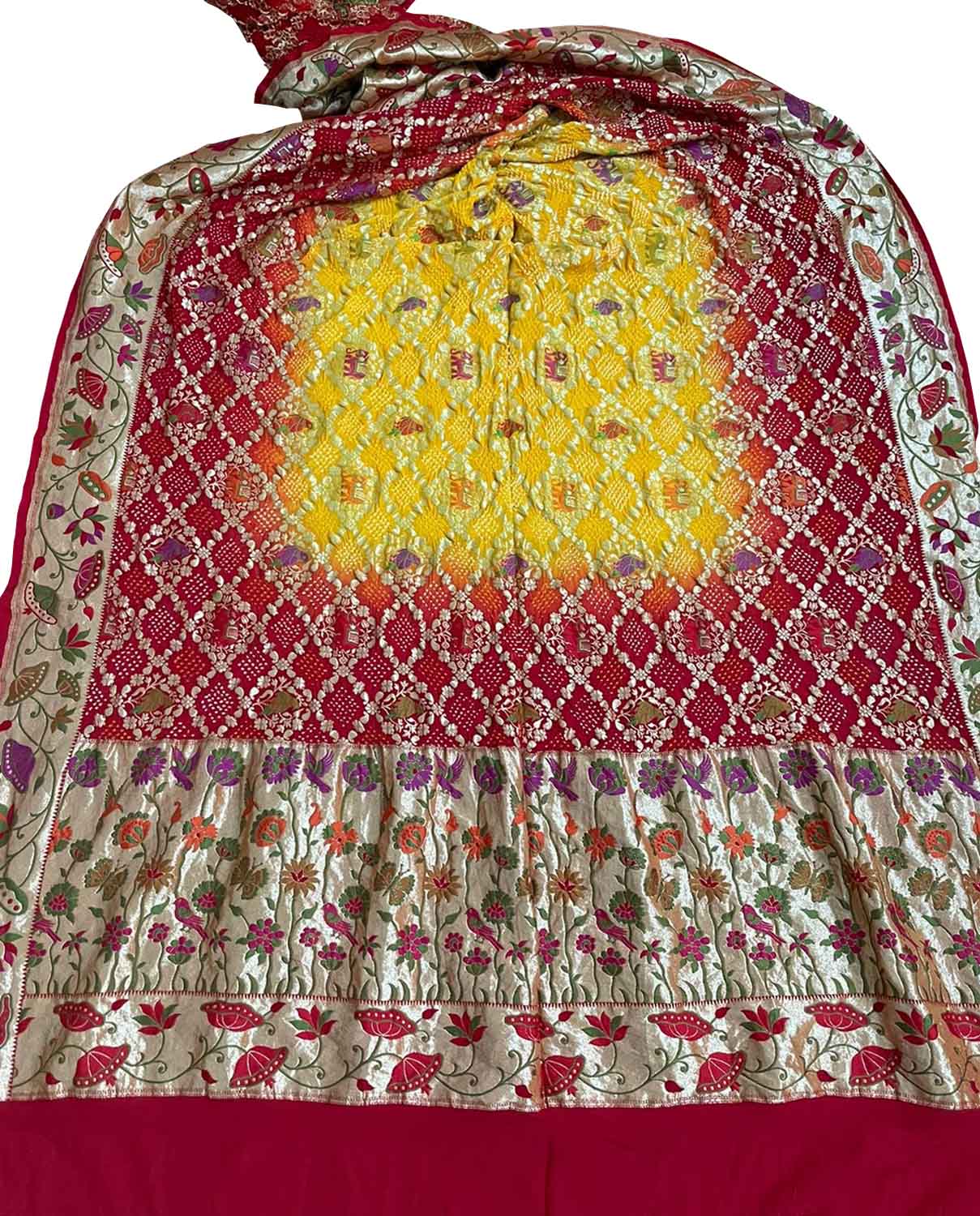 Stunning Yellow & Red Banarasi Bandhani Georgette Dupatta with Meenakari Work - Luxurion World