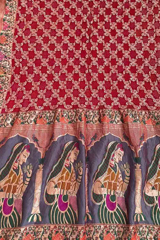 Elegant Red Banarasi Bandhani Georgette Dupatta with Meenakari Work - Luxurion World