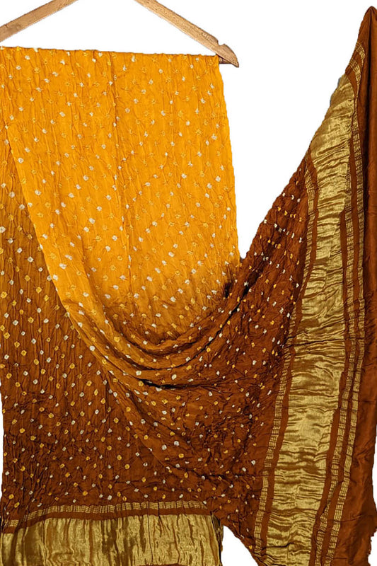 Yellow And Brown Bandhani Modal Silk Tissue Border Dupatta