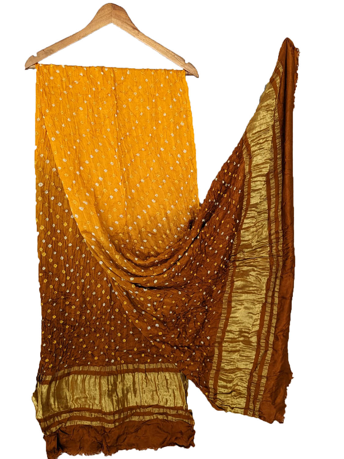 Yellow And Brown Bandhani Modal Silk Tissue Border Dupatta - Luxurion World