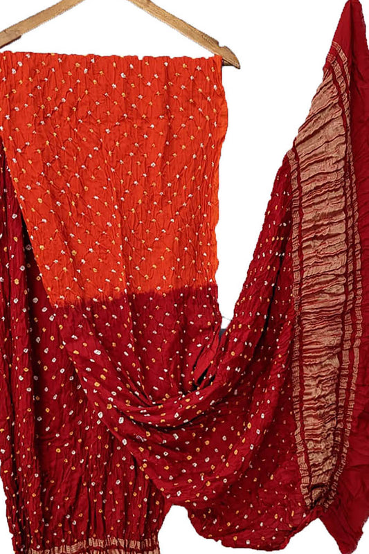 Orange And Red Bandhani Modal Silk Tissue Border Dupatta