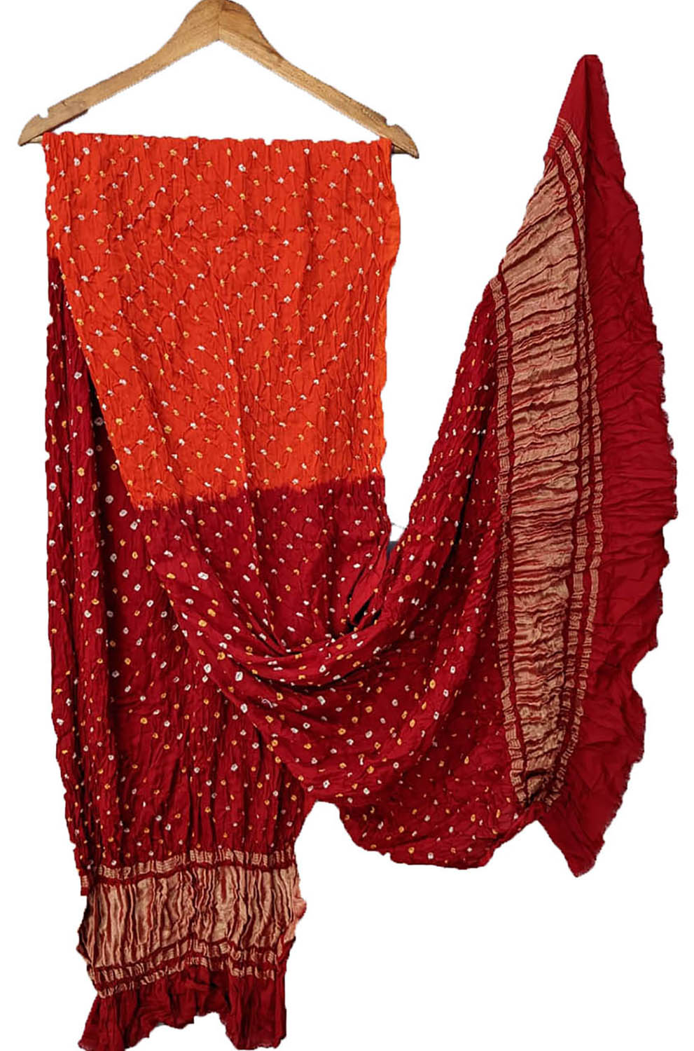 Orange And Red Bandhani Modal Silk Tissue Border Dupatta - Luxurion World