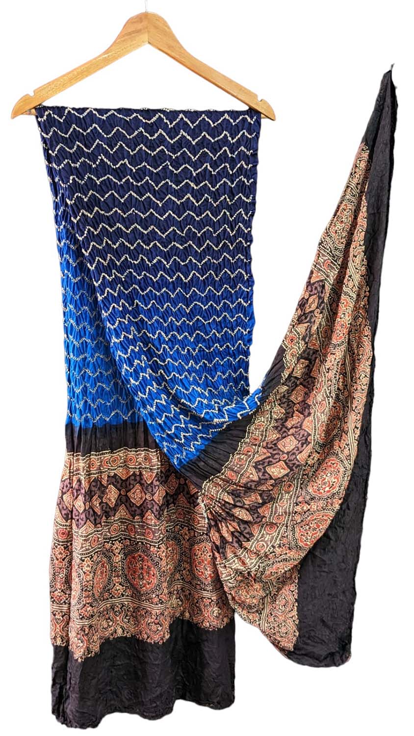 Shop Now for Blue Ajrakh Bandhani Gajji Silk Dupatta - Ethnic Fashion Accessory - Luxurion World