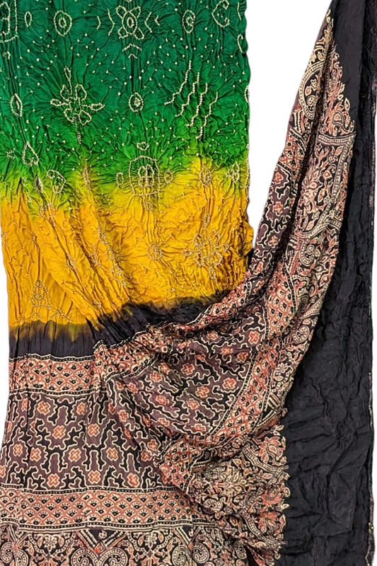Shop Handcrafted Green and Yellow Ajrakh Bandhani Gajji Silk Dupatta - Ethnic Accessory