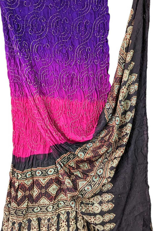 Shop Handcrafted Purple & Pink Gajji Silk Dupatta with Ajrakh & Bandhani Designs - Luxurion World