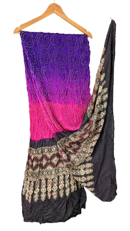 Shop Handcrafted Purple & Pink Gajji Silk Dupatta with Ajrakh & Bandhani Designs