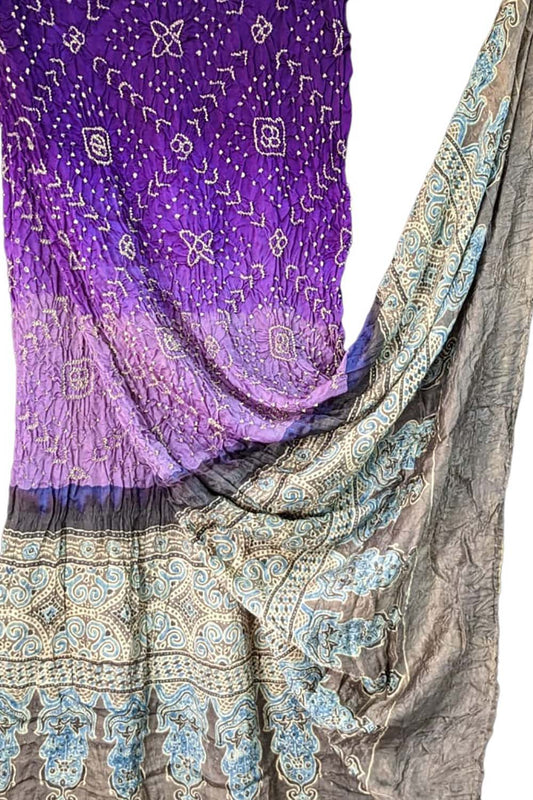Shop Handcrafted Purple Silk Dupatta with Ajrakh & Bandhani Design