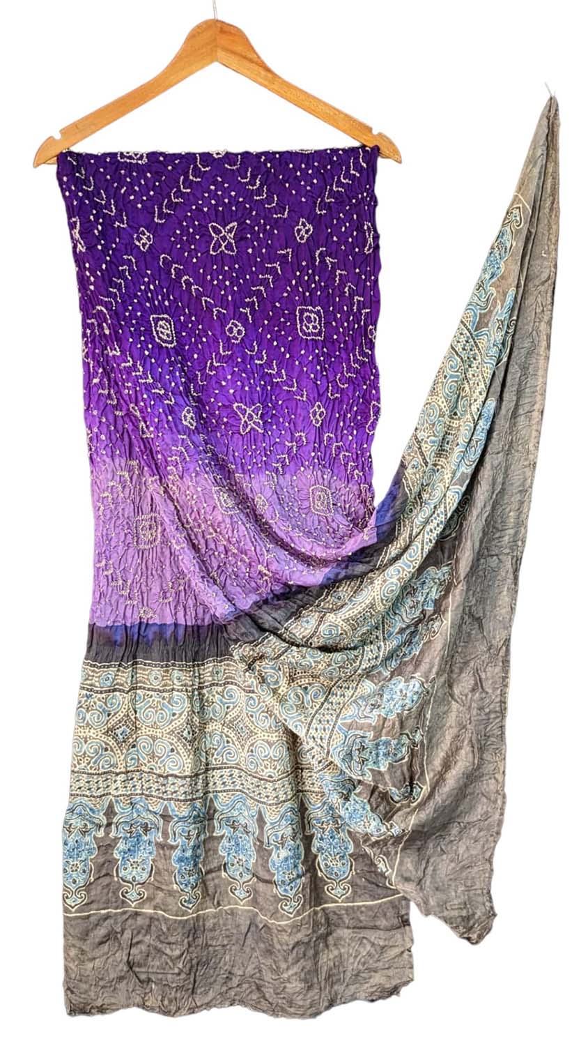 Shop Handcrafted Purple Silk Dupatta with Ajrakh & Bandhani Design - Luxurion World