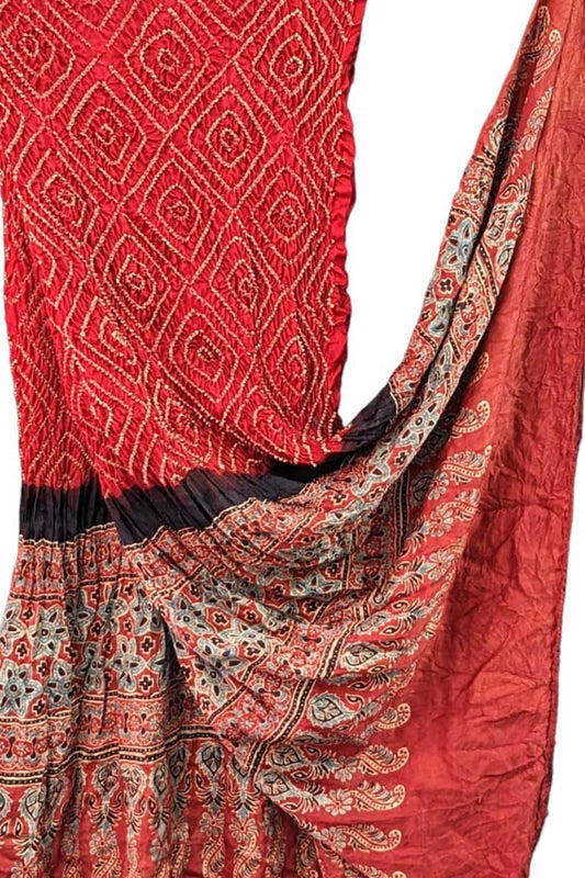 Shop Handcrafted Red Ajrakh Bandhani Gajji Silk Dupatta - Ethnic Fashion Accessory Now