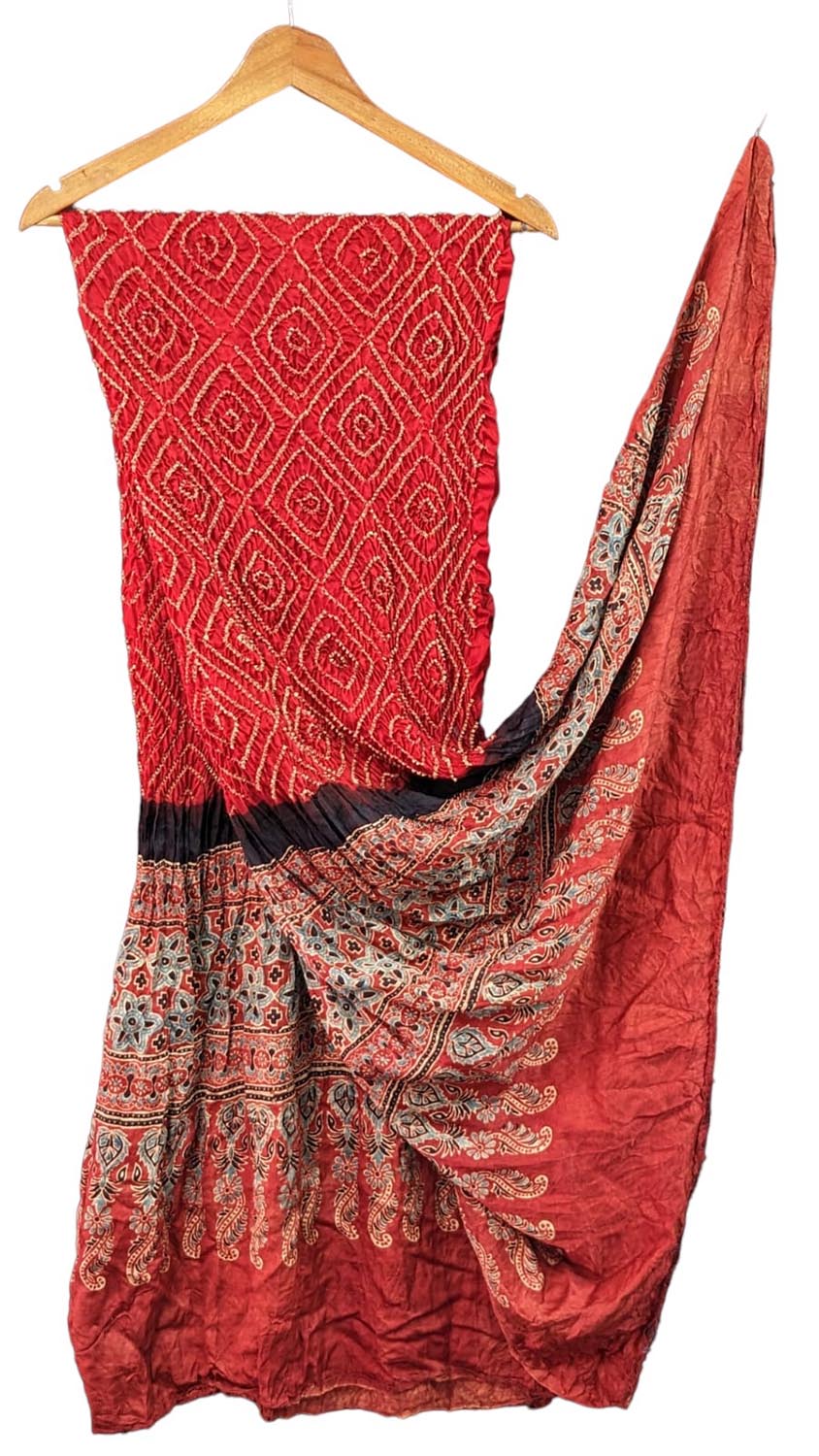 Shop Handcrafted Red Ajrakh Bandhani Gajji Silk Dupatta - Ethnic Fashion Accessory Now - Luxurion World