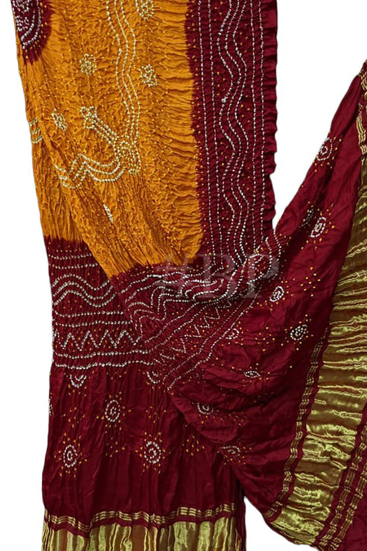 Pure Elegance: Yellow & Maroon Bandhani Gajji Silk Dupatta - Luxurion World