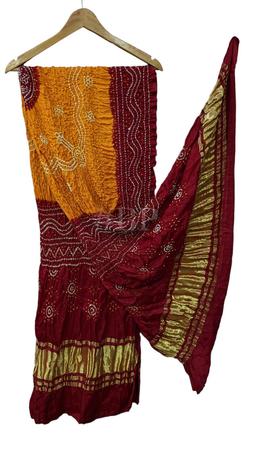 Pure Elegance: Yellow & Maroon Bandhani Gajji Silk Dupatta - Luxurion World