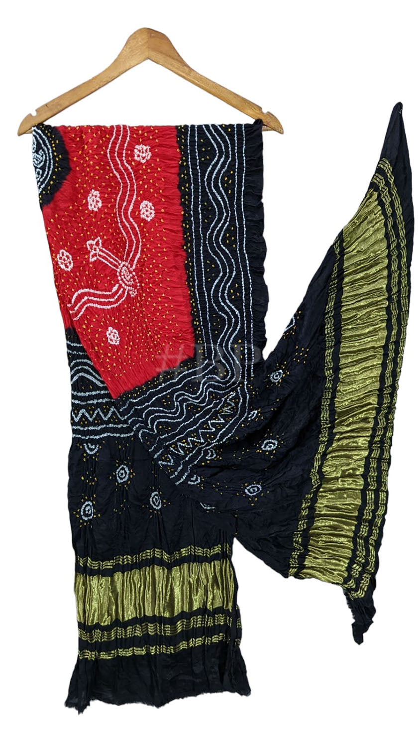 Stunning Black and Red Bandhani Gajji Silk Dupatta - Pure Elegance - Luxurion World