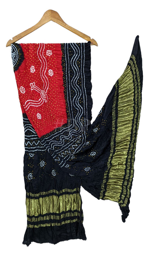 Stunning Black and Red Bandhani Gajji Silk Dupatta - Pure Elegance - Luxurion World