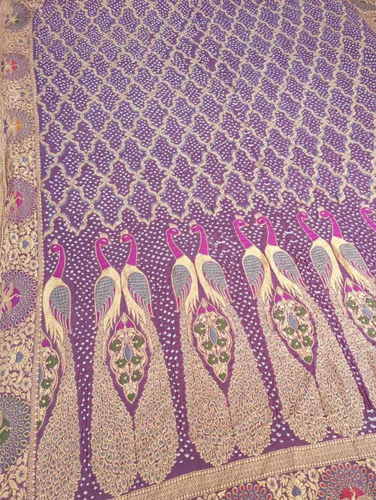 Purple Banarasi Bandhani Handloom Pure Georgette Peacock Design Meenakari Dupatta