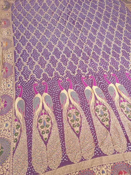 Purple Banarasi Bandhani Handloom Pure Georgette Peacock Design Meenakari Dupatta - Luxurion World