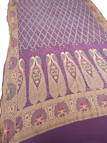 Purple Banarasi Bandhani Handloom Pure Georgette Peacock Design Meenakari Dupatta - Luxurion World