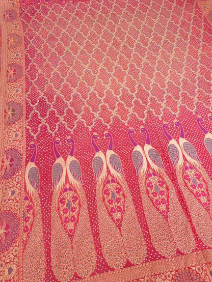 Pink Banarasi Bandhani Handloom Pure Georgette Peacock Design Meenakari Dupatta - Luxurion World