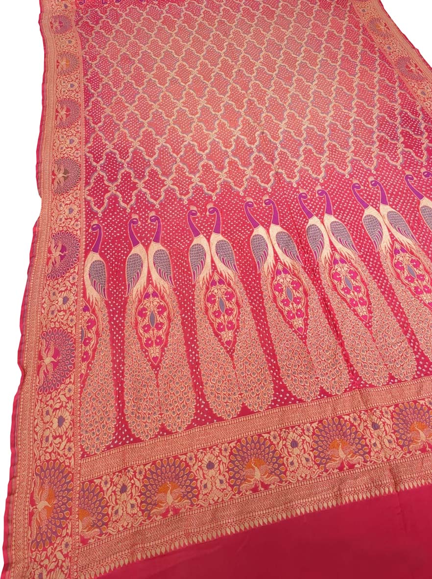 Pink Banarasi Bandhani Handloom Pure Georgette Peacock Design Meenakari Dupatta - Luxurion World