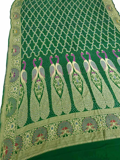 Green Banarasi Bandhani Handloom Pure Georgette Peacock Design Meenakari Dupatta