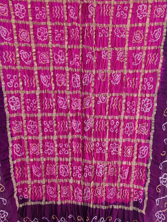 Purple And Pink Bandhani Pure Gajji Silk Dupatta - Luxurion World