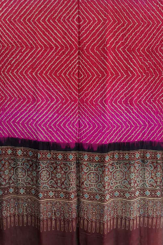 Red And Pink Bandhani And Ajrakh Work Pure Gajji Silk Dupatta - Luxurion World