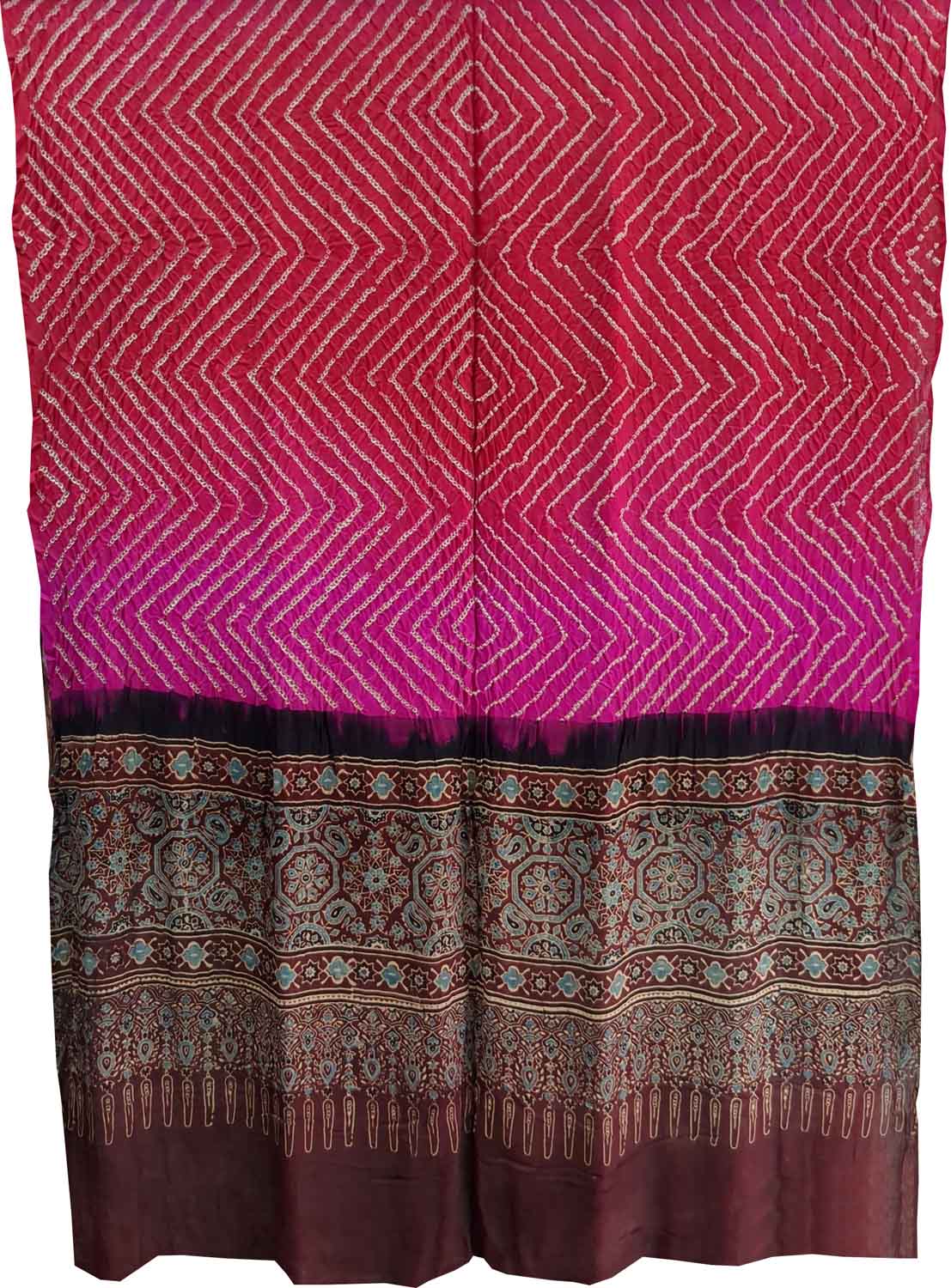 Red And Pink Bandhani And Ajrakh Work Pure Gajji Silk Dupatta - Luxurion World