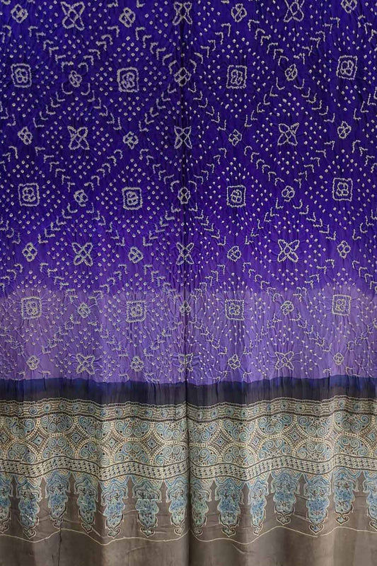 Purple Bandhani And Ajrakh Work Pure Gajji Silk Dupatta - Luxurion World