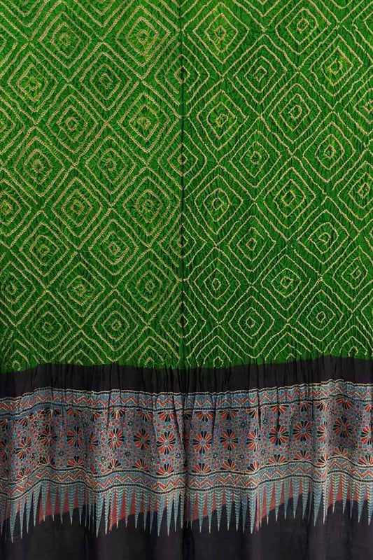 Green Bandhani And Ajrakh Work Pure Gajji Silk Dupatta - Luxurion World