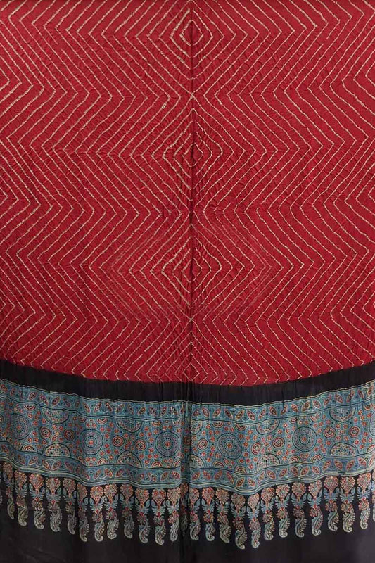 Red Bandhani And Ajrakh Work Pure Gajji Silk Dupatta - Luxurion World