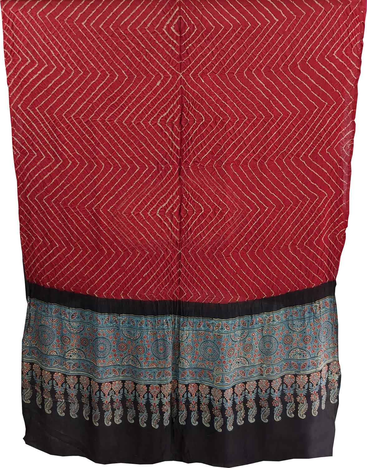 Red Bandhani And Ajrakh Work Pure Gajji Silk Dupatta - Luxurion World