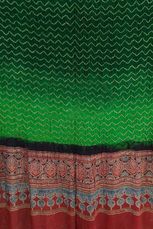Green Bandhani And Ajrakh Work Pure Gajji Silk Dupatta - Luxurion World