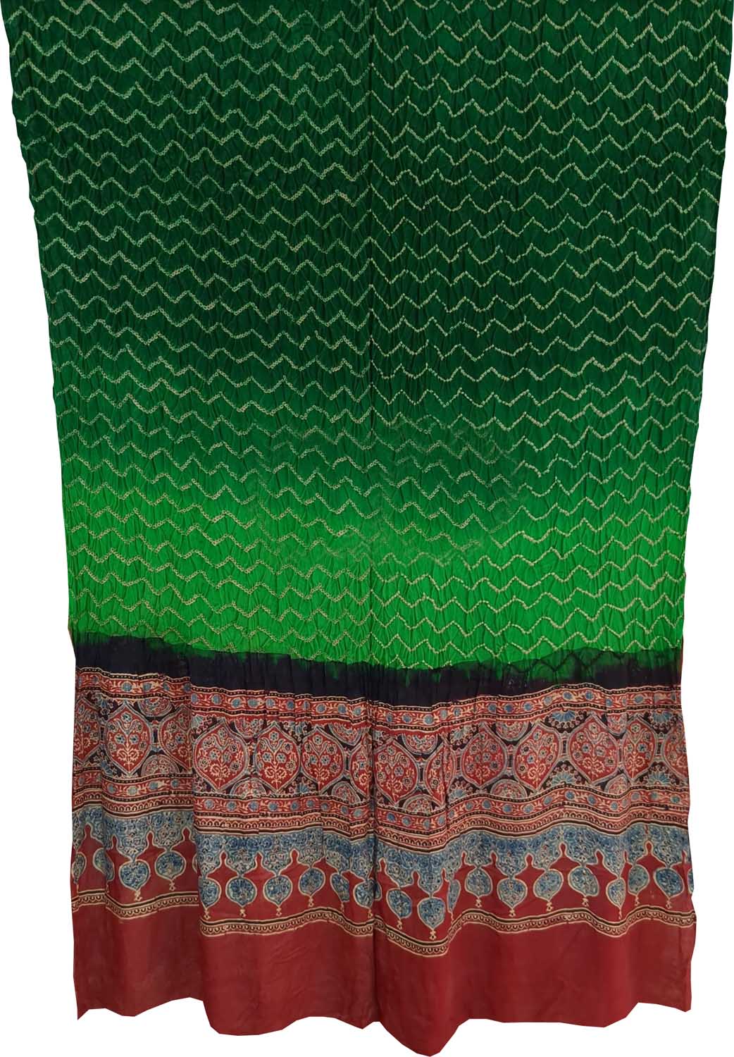 Green Bandhani And Ajrakh Work Pure Gajji Silk Dupatta - Luxurion World